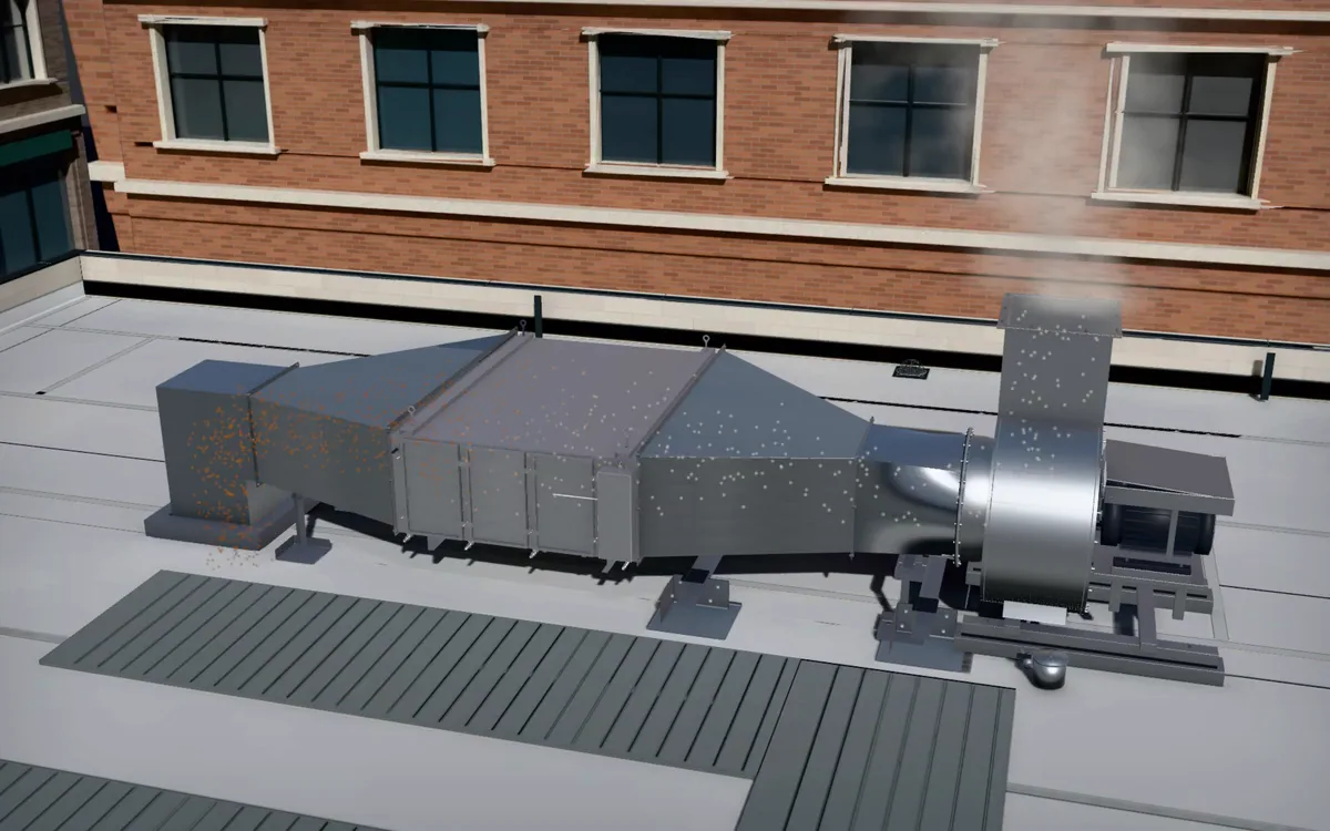 3D illustration of a PCU in a rooftop exhaust run, the air shown moving from the riser through the PCU to the exhaust fan.