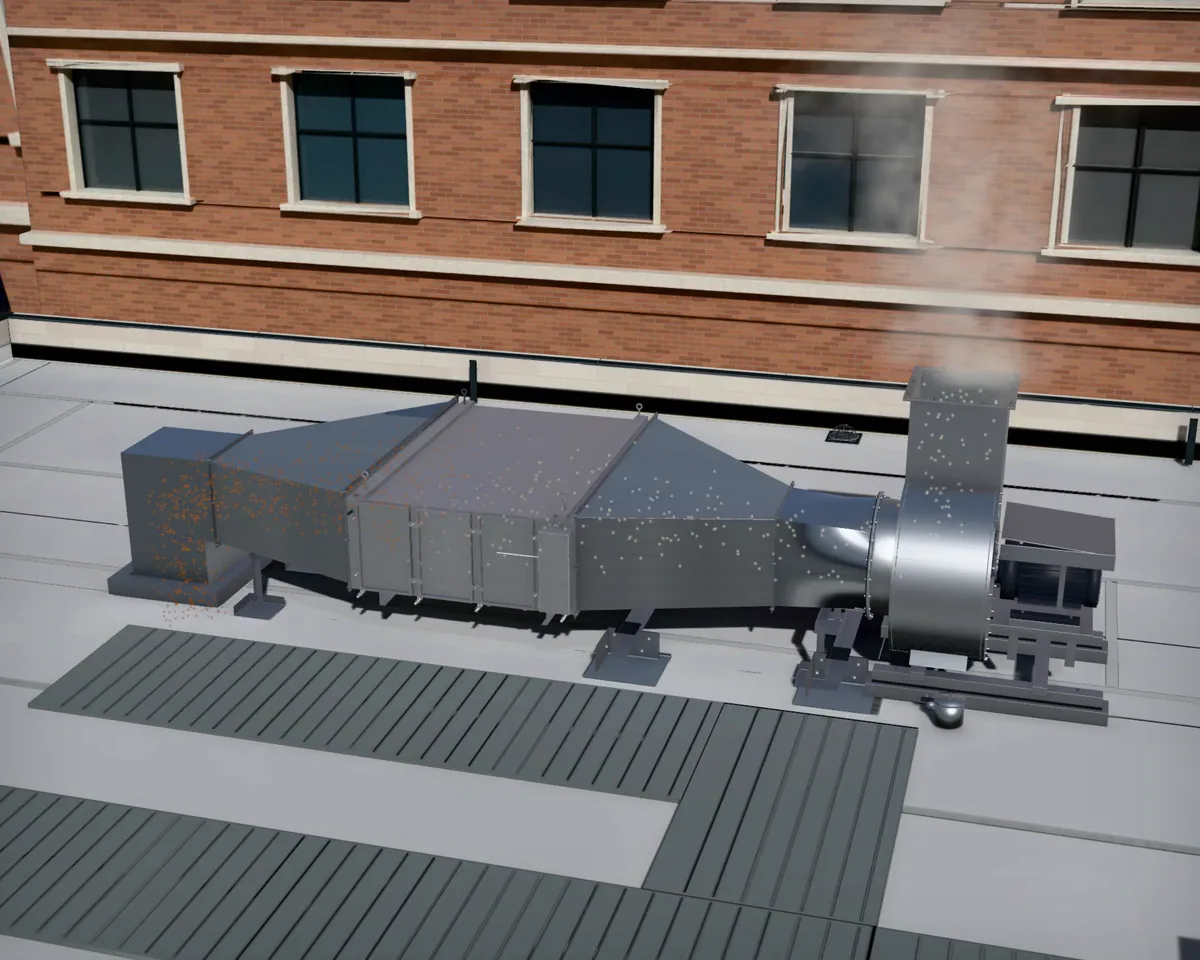 3D illustration of an EPFA in a rooftop exhaust run, between the riser from the kitchen hood and the exhaust fan.