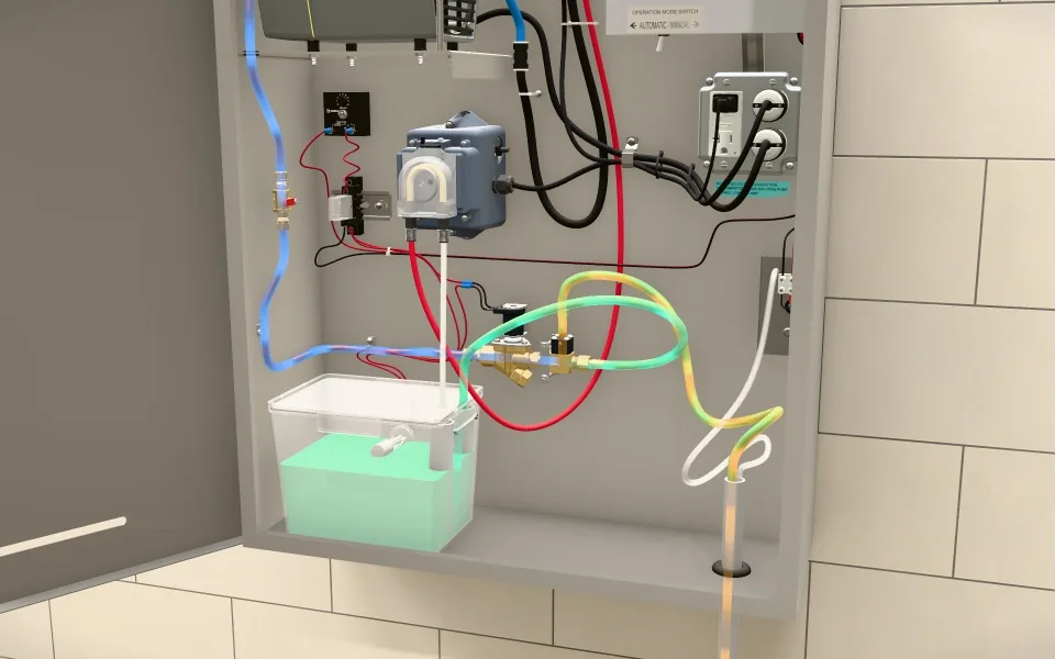 3D illustration inside the open MOAS cabinet: water and solution flowing through the tubing into the mixing container as it fills.