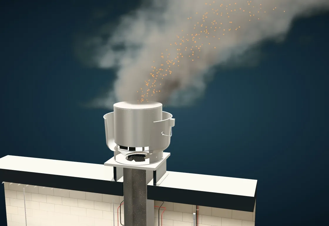 3D illustration of untreated kitchen exhaust leaving a rooftop fan as a plume, with odor shown as orange particles.