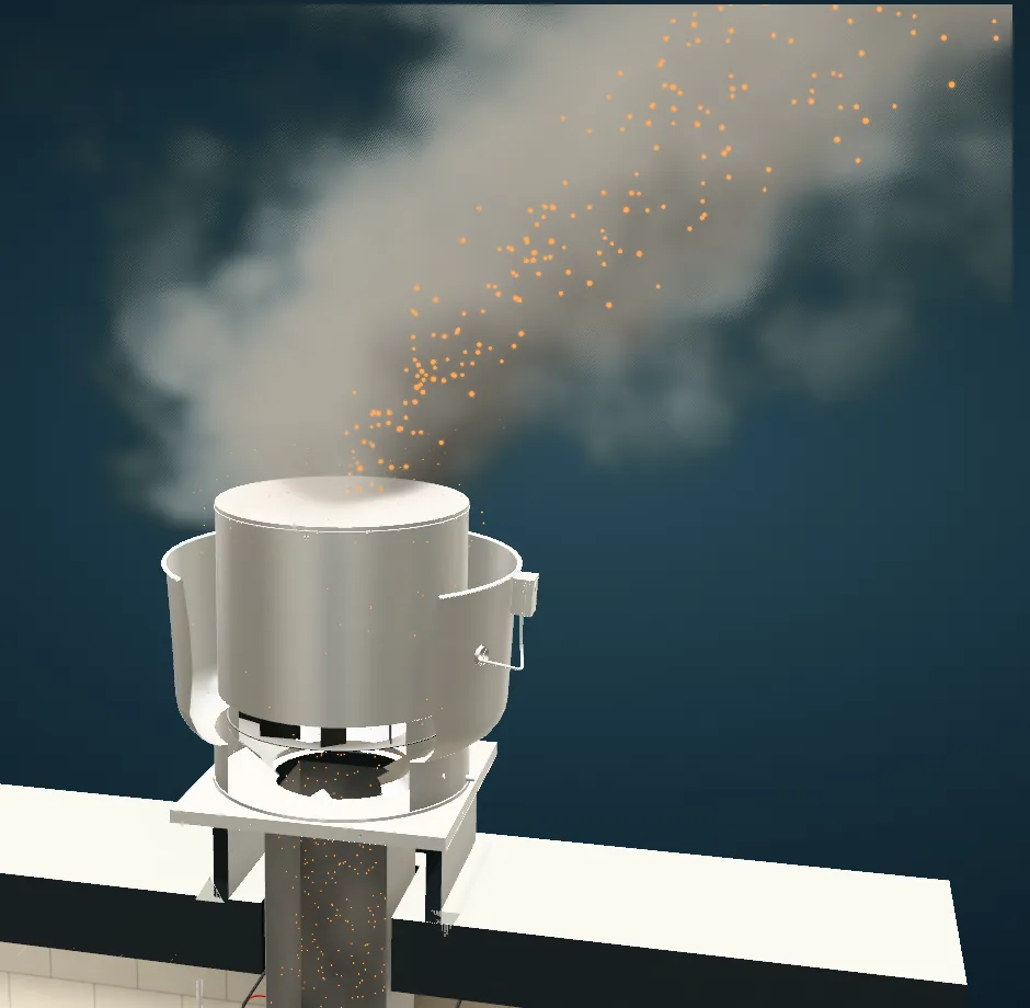 3D illustration of cooking odor leaving a rooftop exhaust fan.