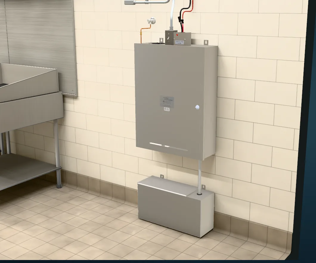 3D illustration of the MOAS cabinet and solution container mounted on a kitchen wall.