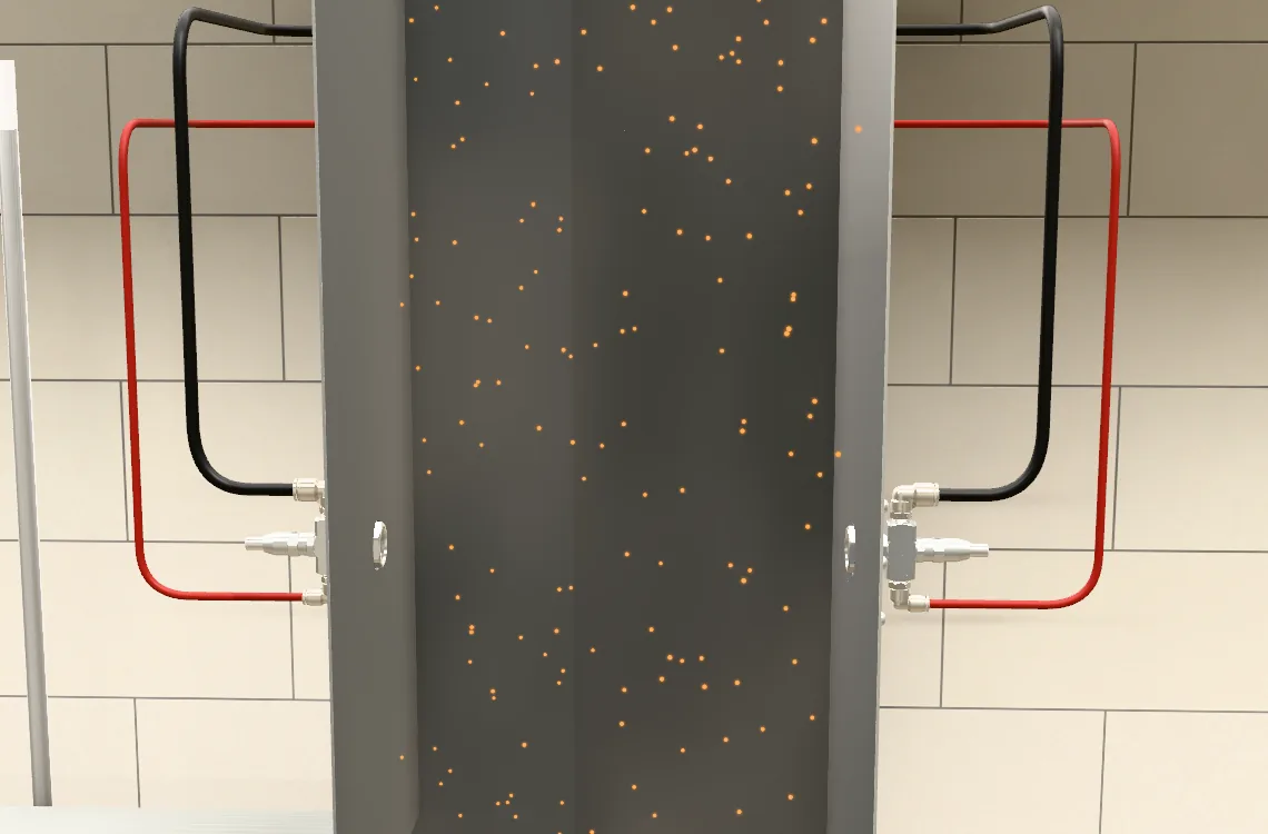 3D cutaway of a kitchen exhaust duct between two MOAS nozzles, with cooking odor shown as particles in the exhaust stream.