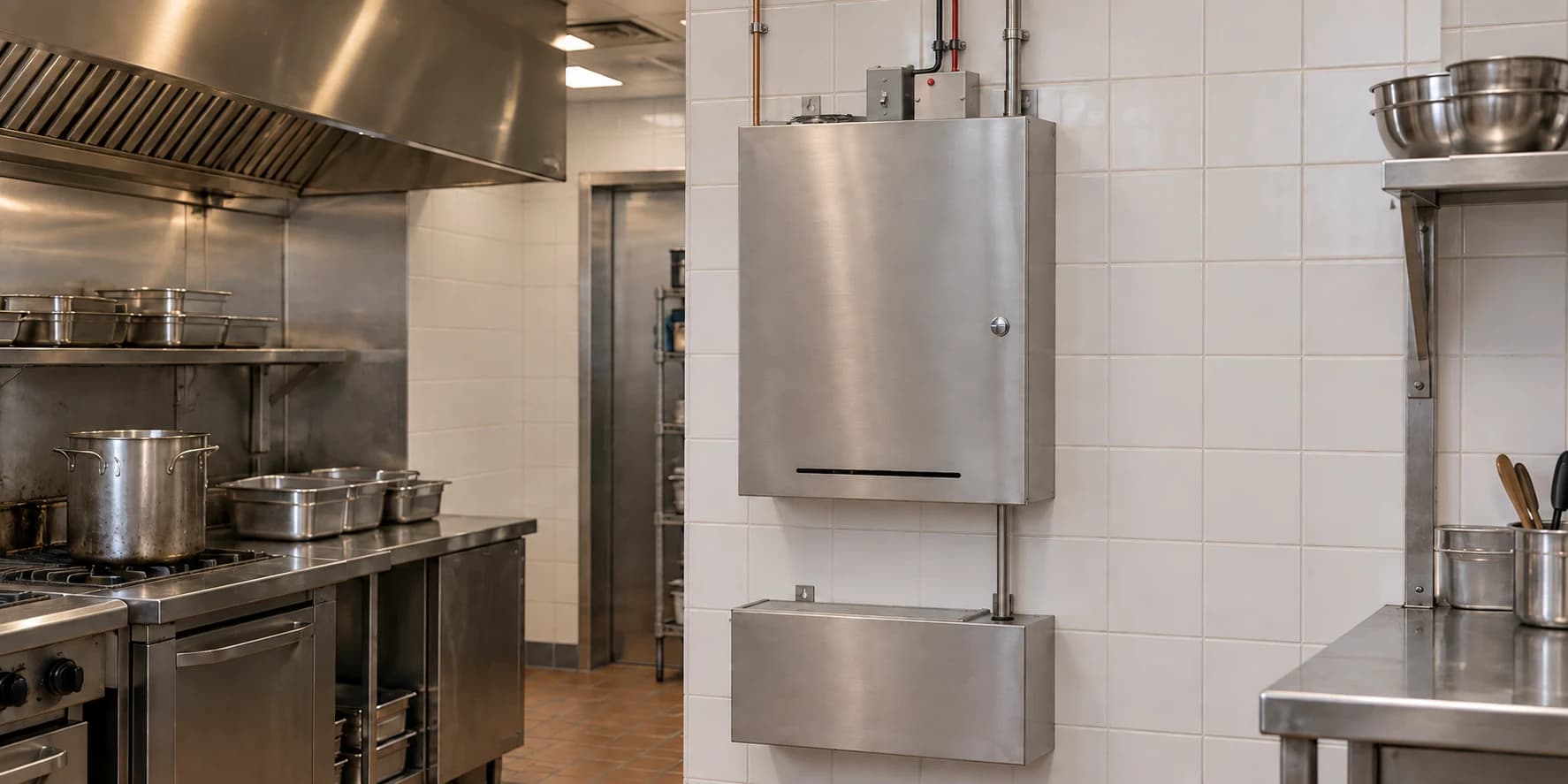 Illustrative wall-mounted MOAS cabinet and solution reservoir in a commercial kitchen