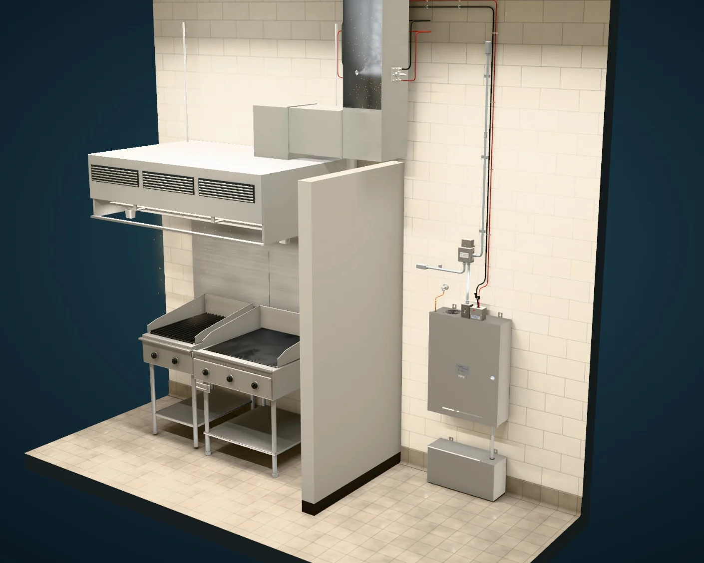 3D illustration of a commercial kitchen: the hood and cooking line, the exhaust duct rising through the ceiling, and the MOAS cabinet and solution container on the wall.