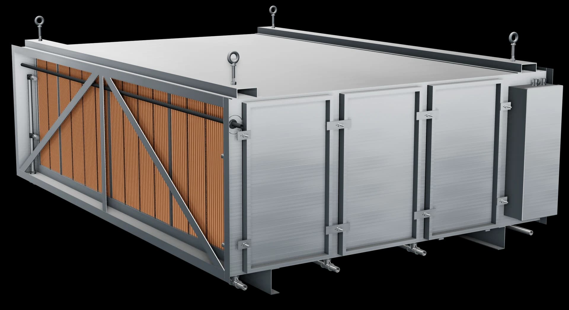 The Molitron PCU, model EPFA-84: a stainless-steel enclosure with three access doors, the orange pre-filters visible through the braced inlet, and the controls enclosure at the outlet end.