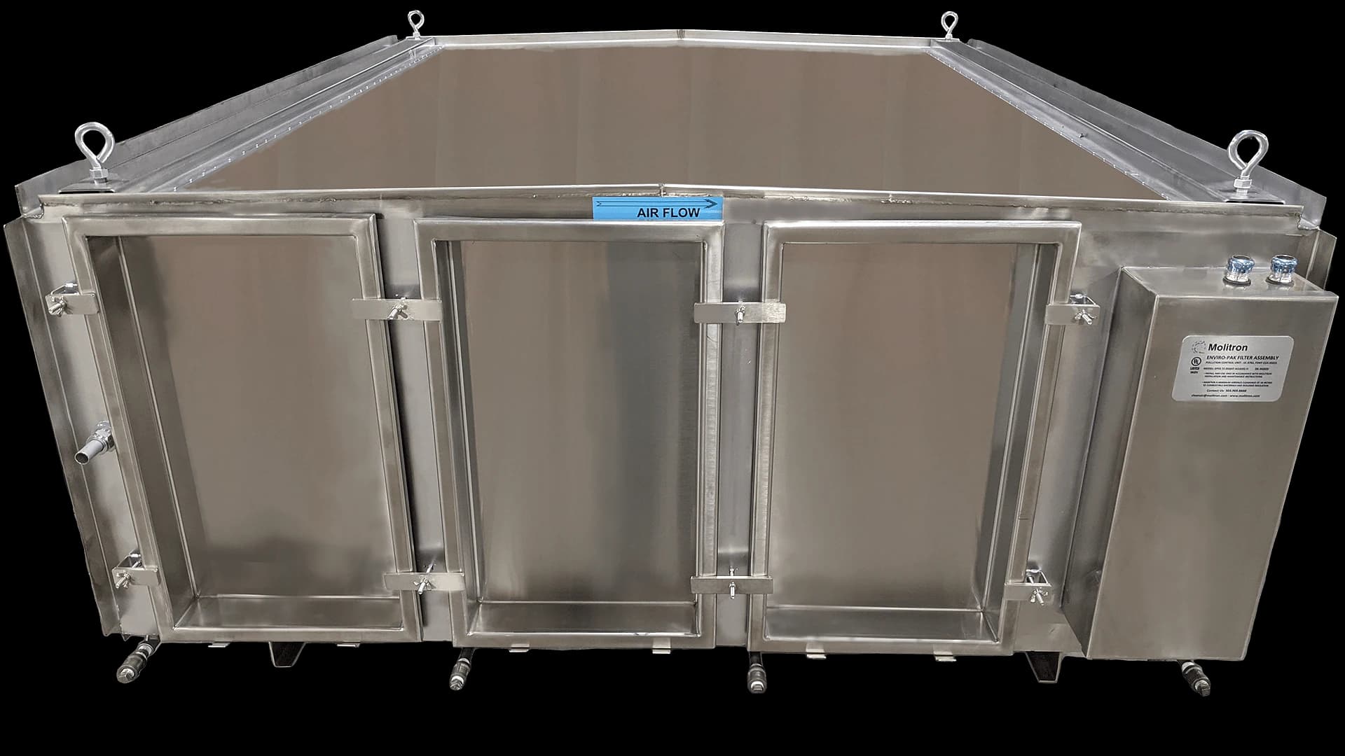 PCU stainless-steel filter assembly with its access doors closed.
