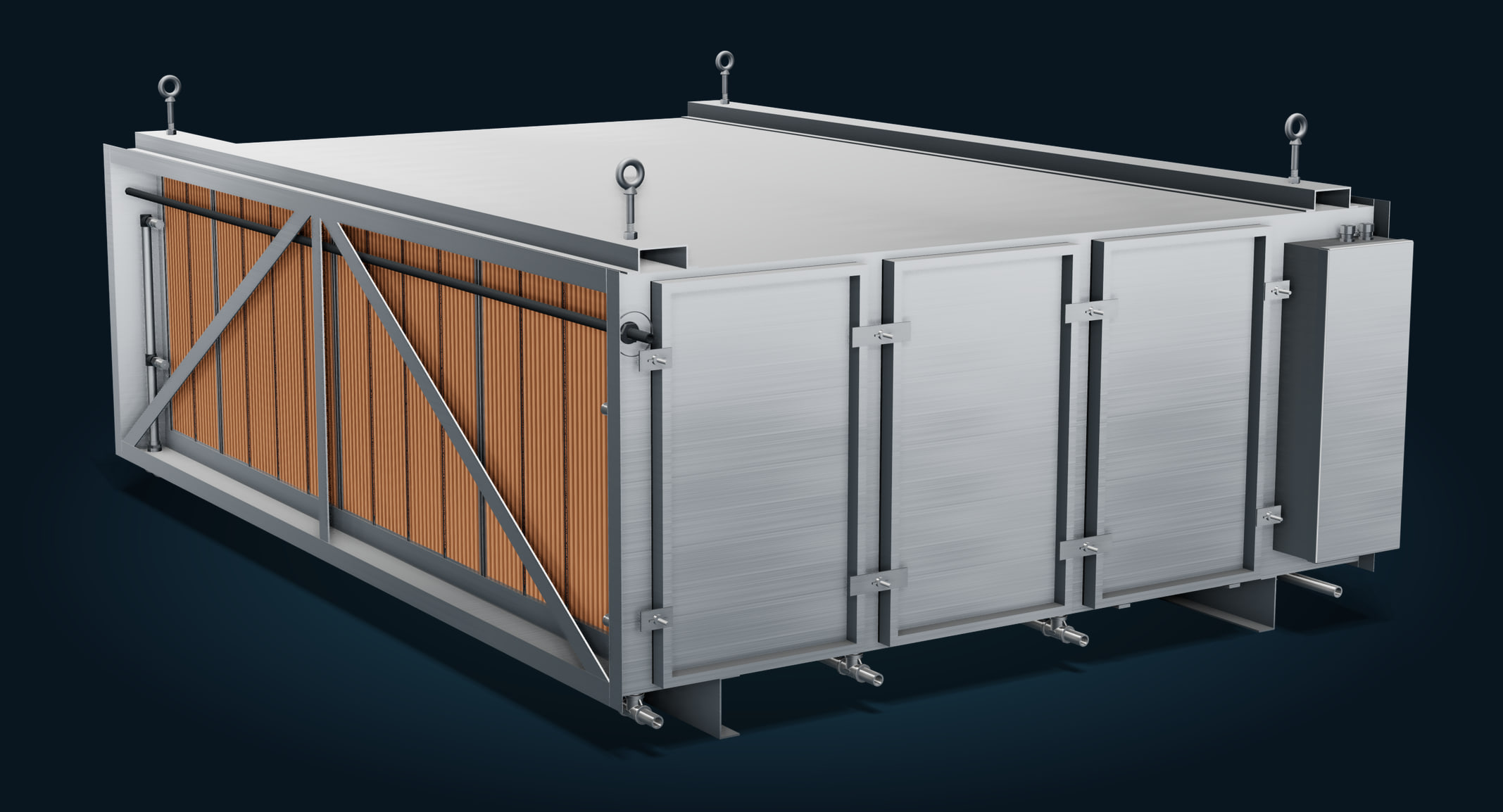 The Molitron PCU, model EPFA-84: a stainless-steel enclosure with three access doors, the orange pre-filters visible through the braced inlet, and the controls enclosure at the outlet end.