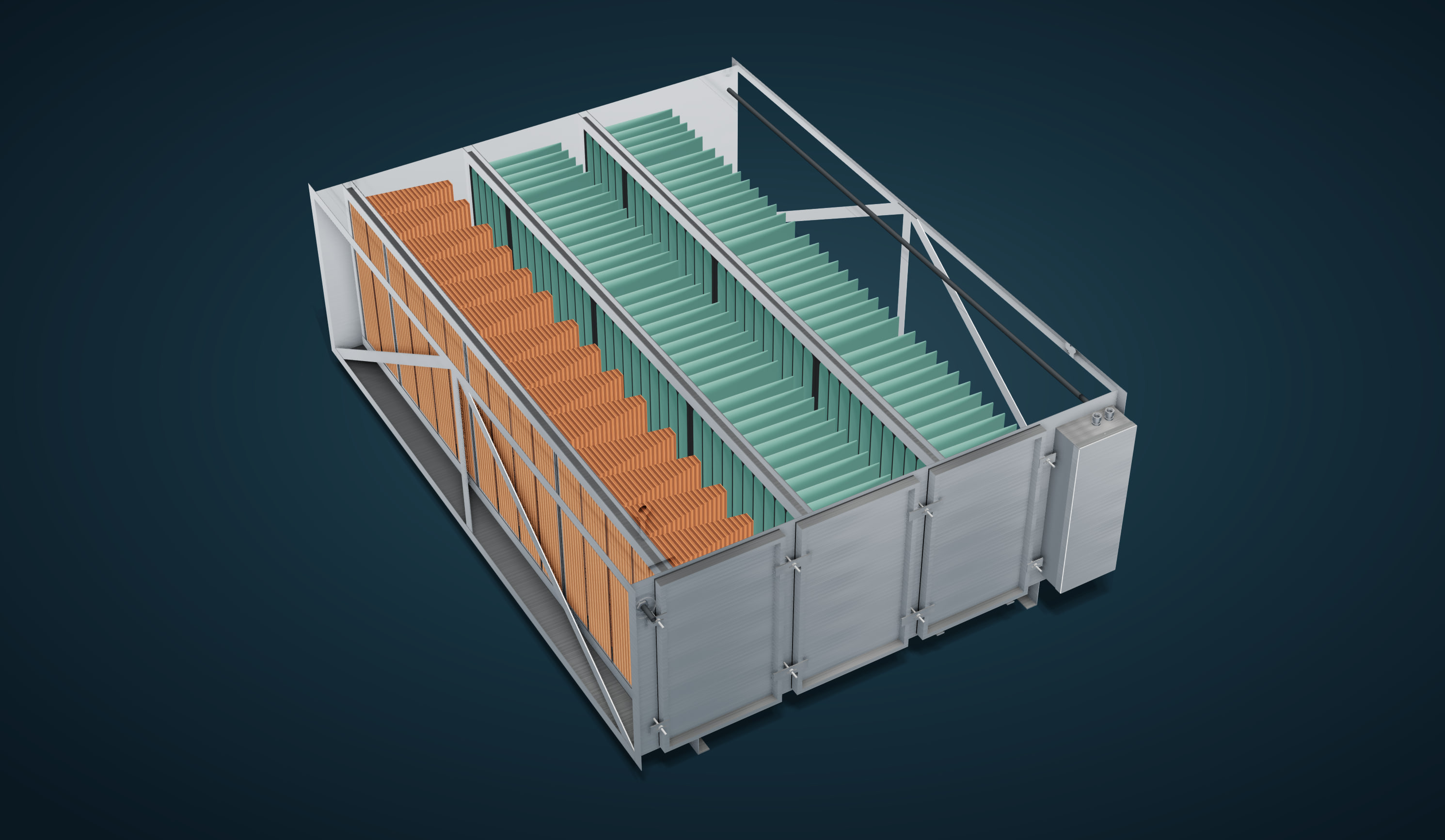 The PCU with its top cut away: a bank of orange pre-filters at the inlet, then two banks of green high-efficiency filters, in a stainless enclosure.