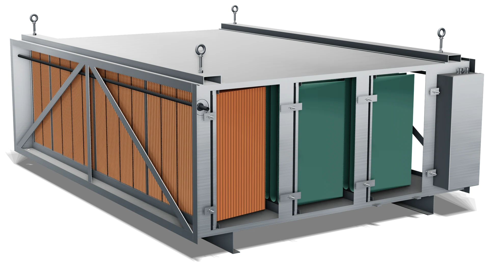 The PCU with its access doors off: orange pre-filters in F1, then green high-efficiency filters in F2 and F3.