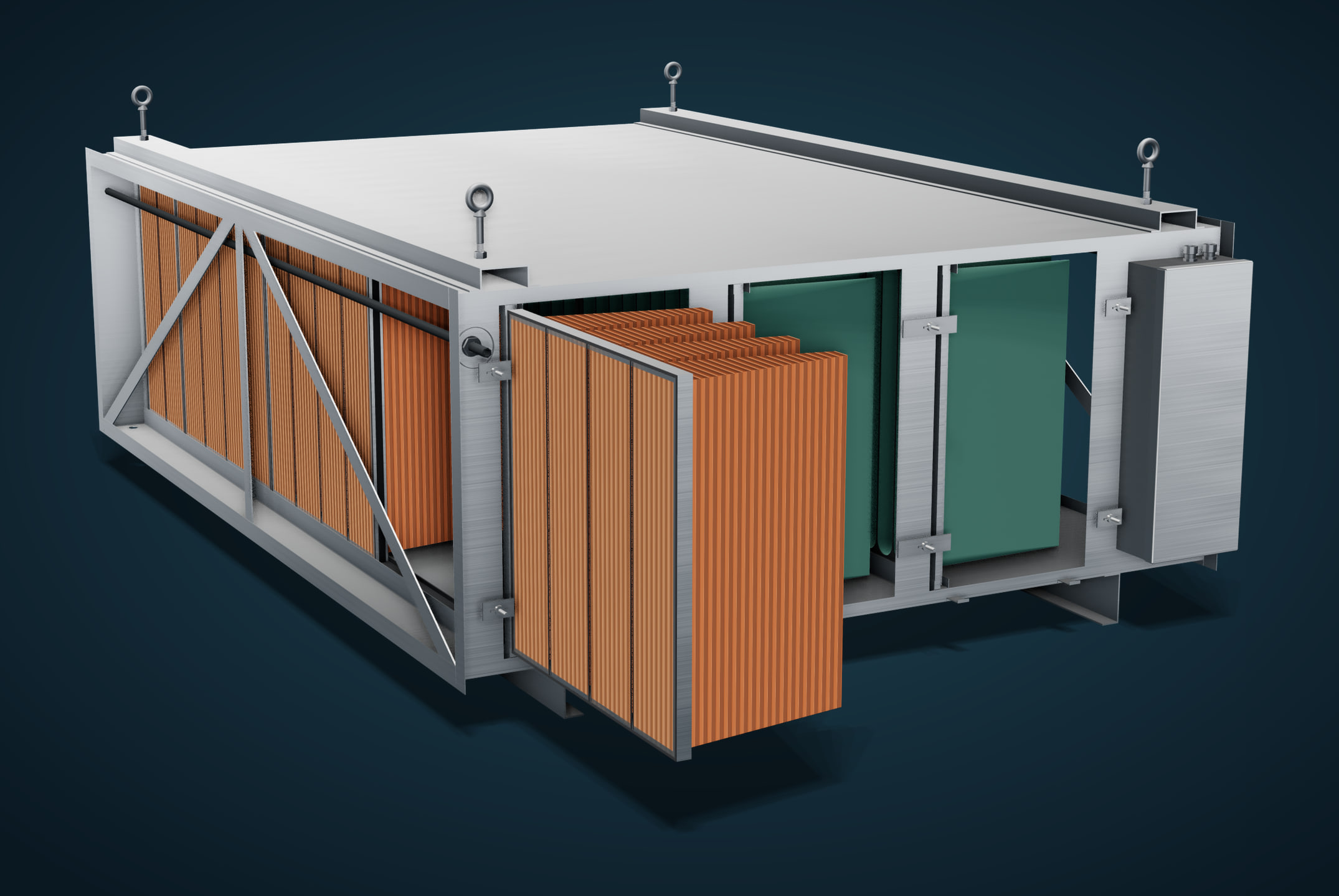 The PCU with an access door off and a pre-filter sliding out along its track.