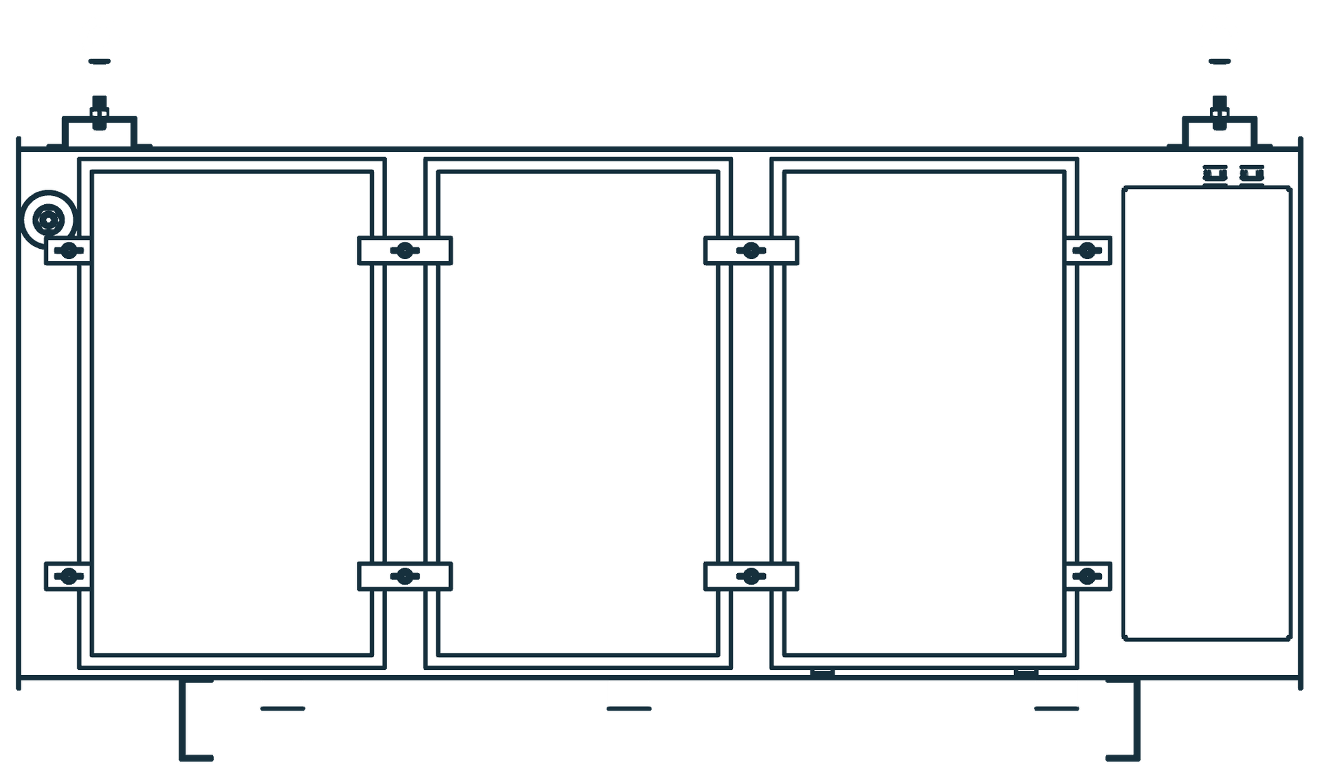 Line drawing of the PCU's service side: three access doors and the controls enclosure, 63 inches long.
